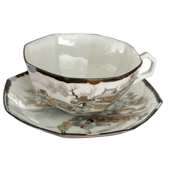 Kutani Egg Shell Porcelain Octagon Mountain Village Cup and Saucer Meiji Period - Picture 1 of 8